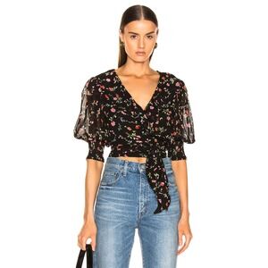 NWT GANNI Floral Print Georgette Wrap Blouse - Black & Pink 🌸 EU 38 (US 6) $160
